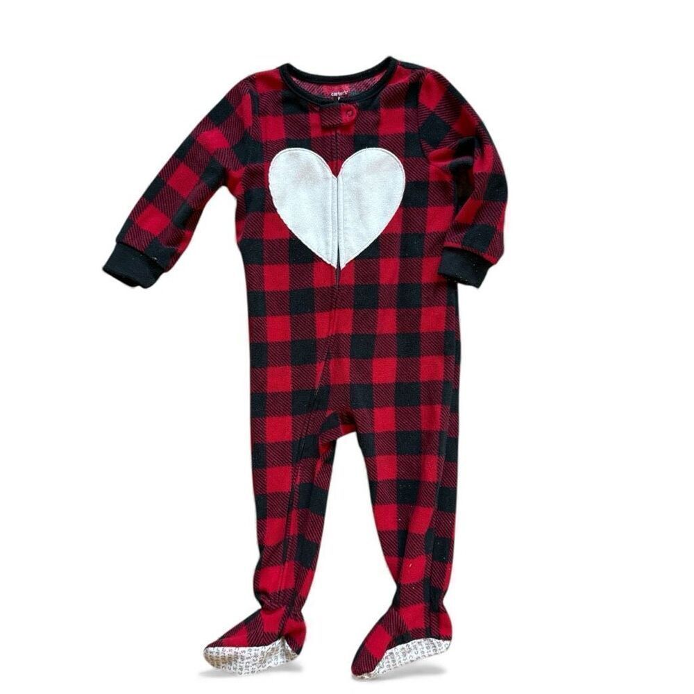 Toddler Girls Carters Heart Buffalo Plaid Footie Pajamas Fleece Sleeper Sz 18 mo